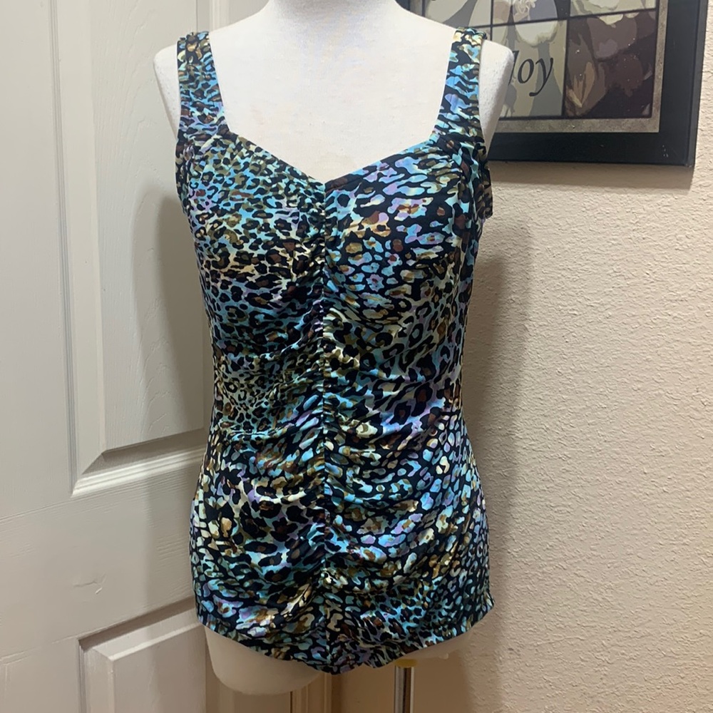Maxine of Hollywood Swimsuit Teal Leopard Animal Print One Piece Slimming Sz 10